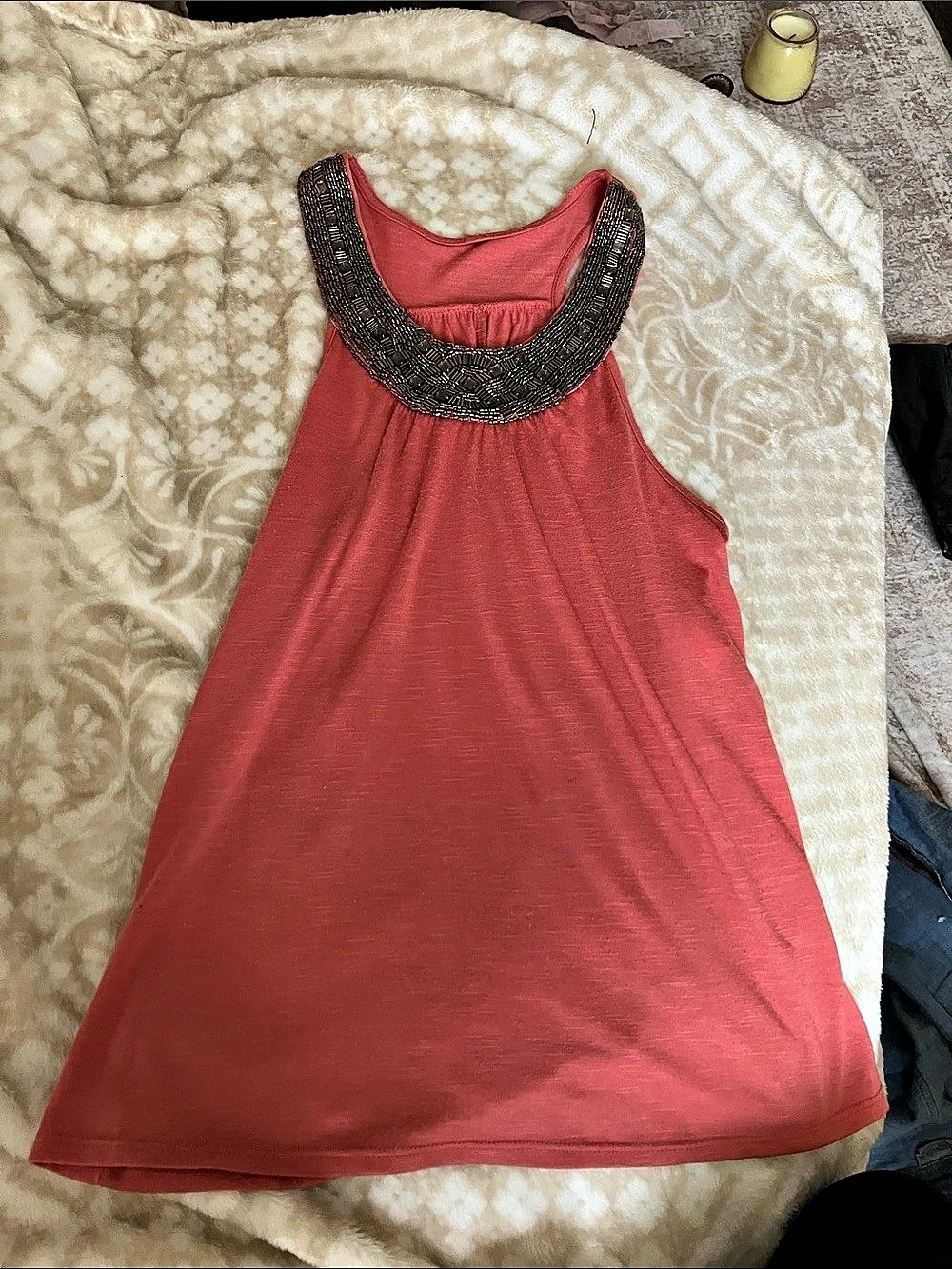Vanity Beaded Neckline top coral